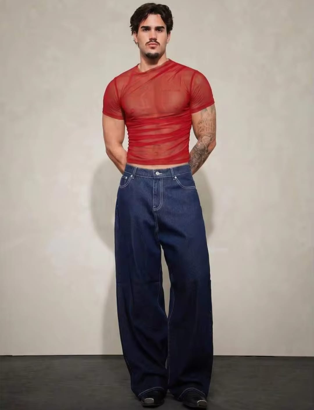 Men's Red Sheer Mesh Short Sleeve Muscle Fit Ruched T-Shirt